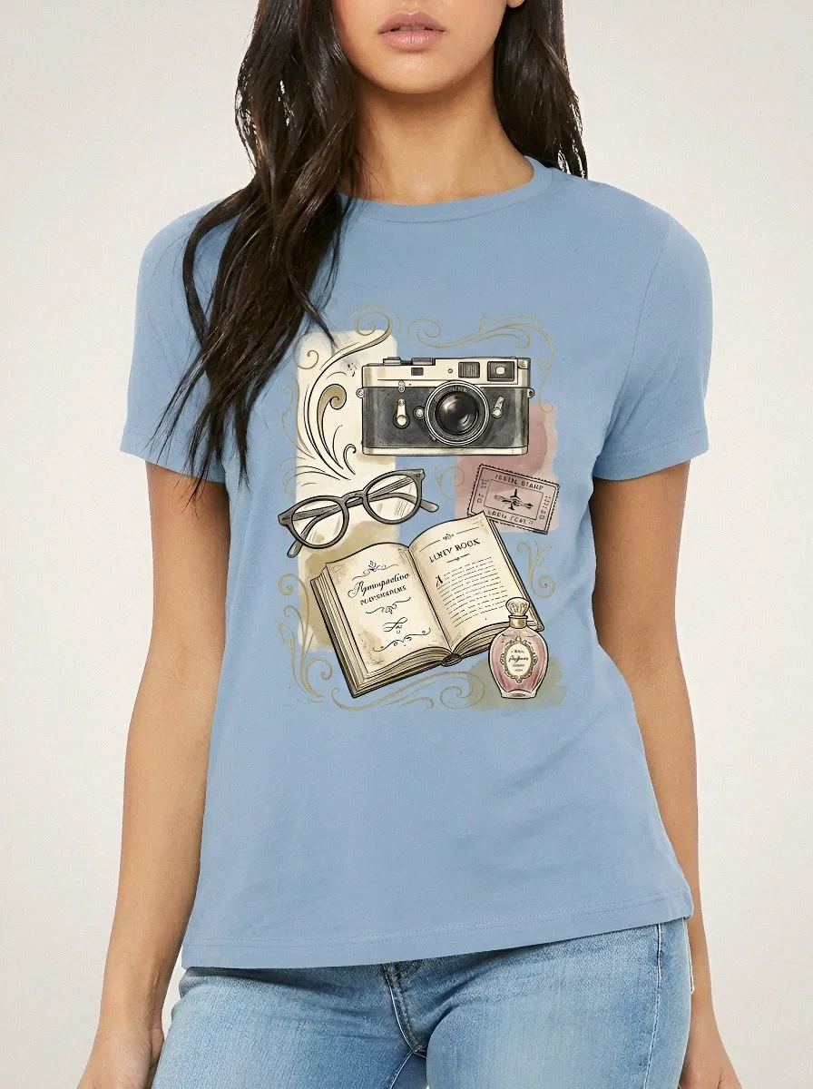 Women's Vintage Reader Camera Book Glasses Printed T-shirt