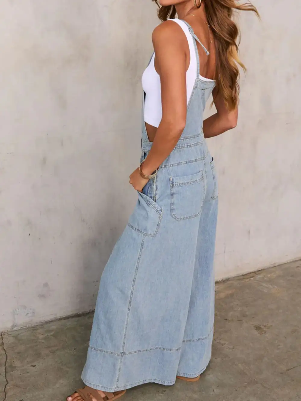 Polished Denim Wide Leg Overalls