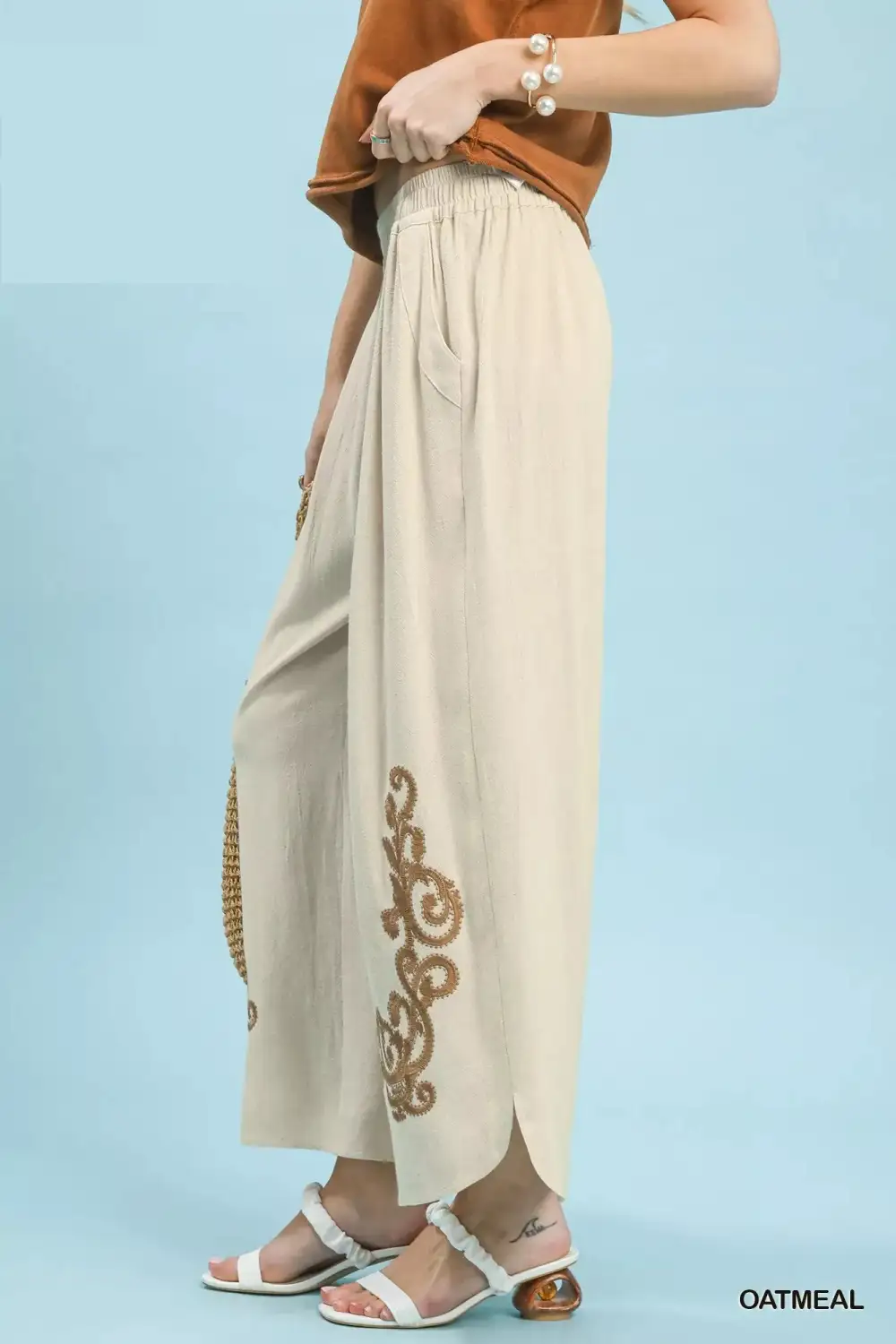 Linen Embroidered Wide Leg Boho Pants
