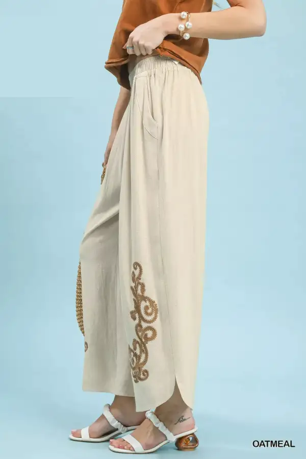 Linen Embroidered Wide Leg Boho Pants