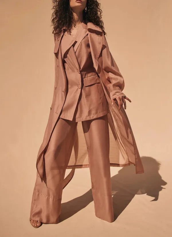 Casual Style Pink Sheer Organza Trench Coat