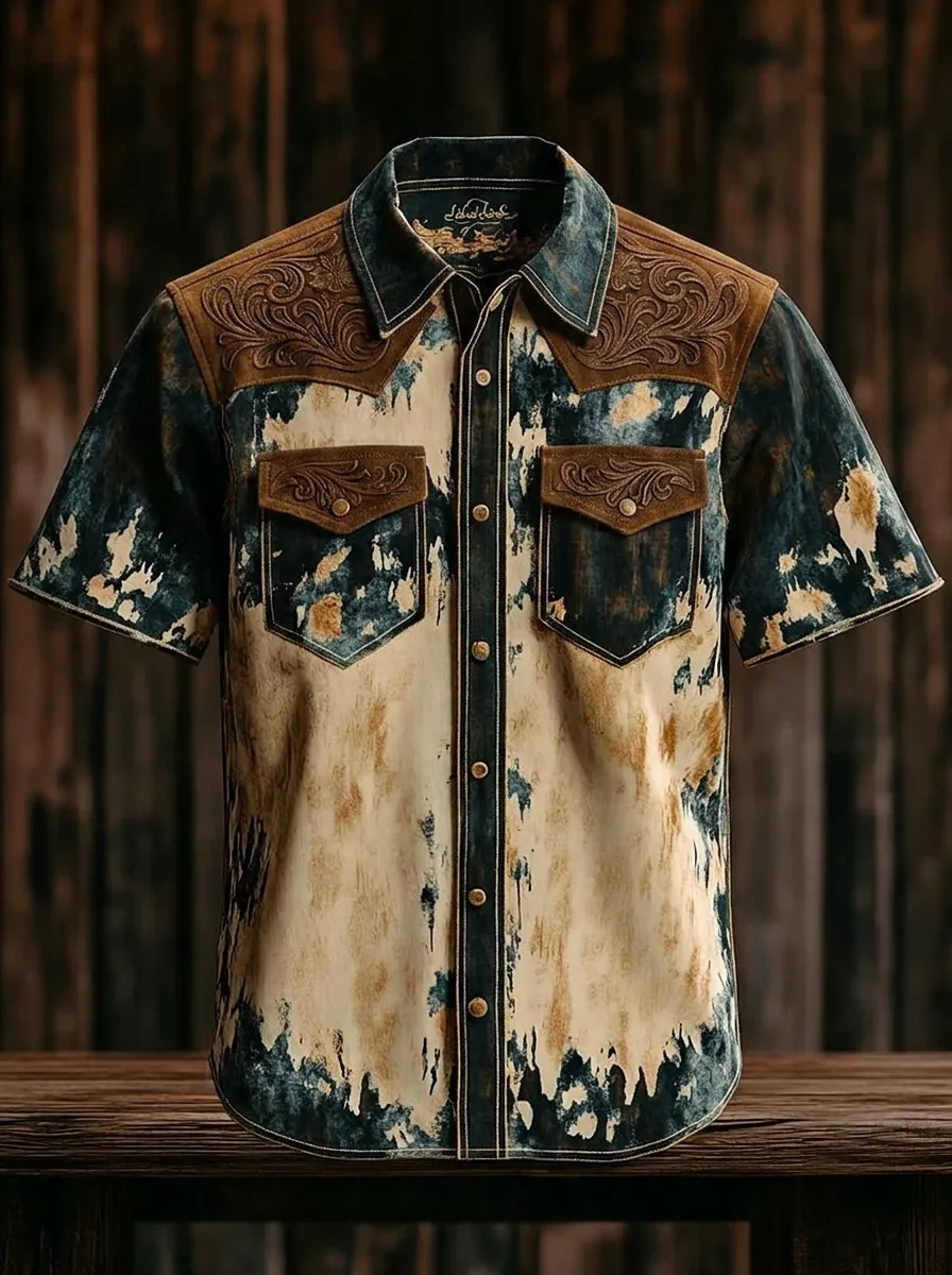 Men's Western Cowboy Floral Embossed Distressed Printed Shirt