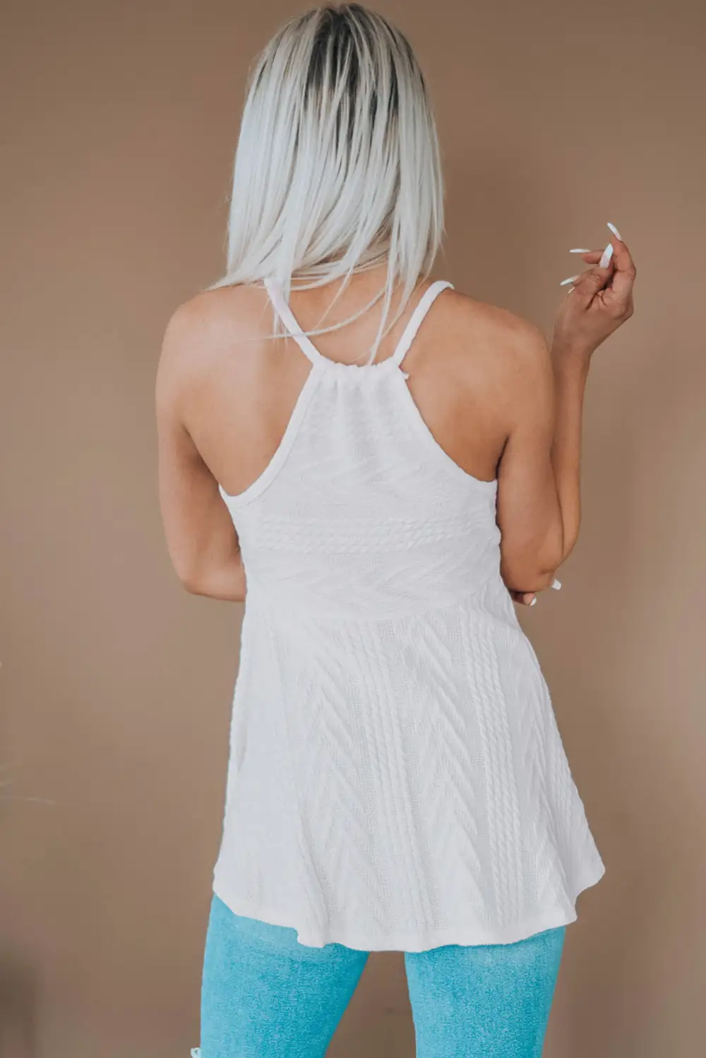 Knitted Ruffled Spaghetti Strap V Neck Tank Top