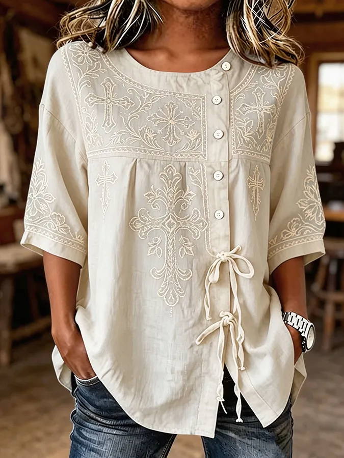 Women's Turquoise Cross Embroidered Tie Waist Western Linen Blouse