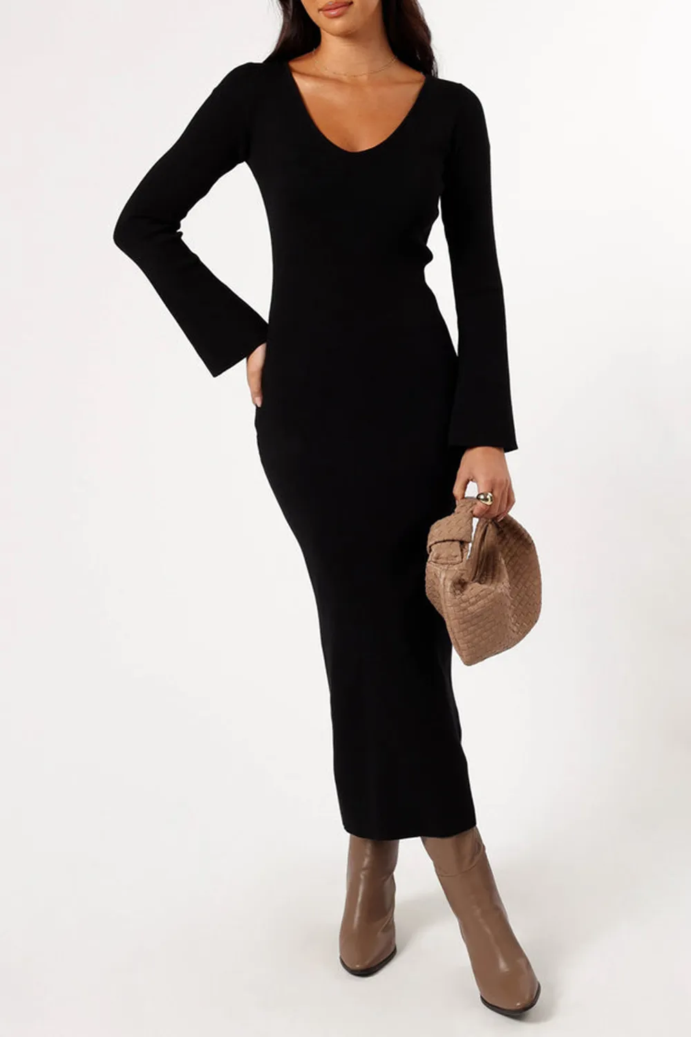 LINA LONG SLEEVE MIDI DRESS - BLACK