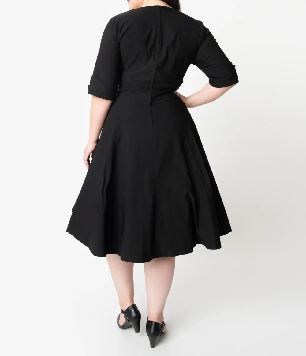 Vintage Plus Size Black Swing Dress With Sleeves