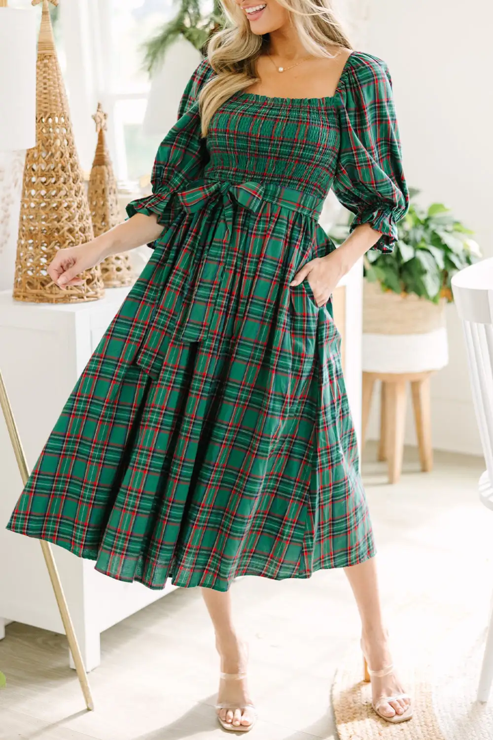 Plaid Puff Sleeve Square Neck Flared Knotted Midi Dress