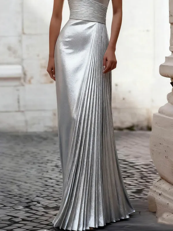 Metallic Halter Neck Pleated Maxi Dress