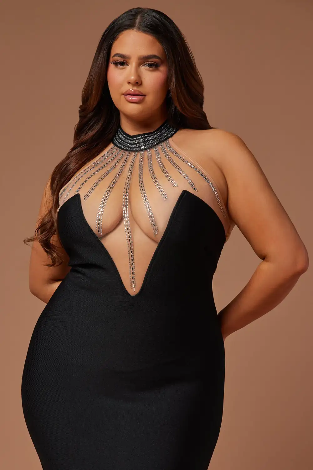 Lina Embellished Bandage Midi Dress - Black