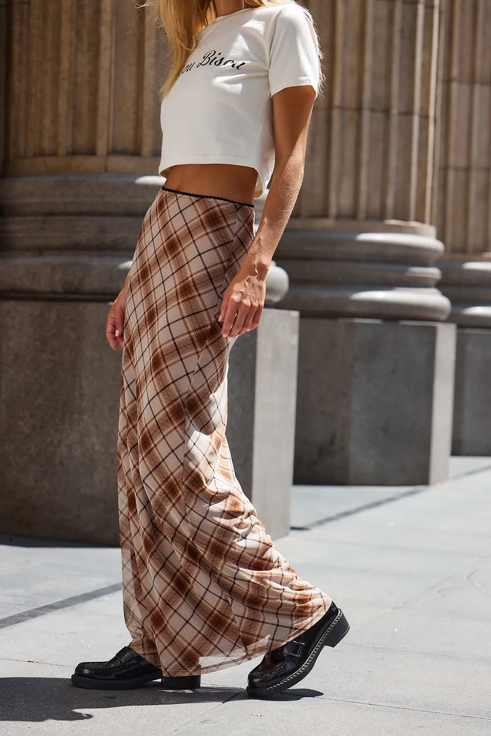 Brown Plaid Mesh Maxi Skirt