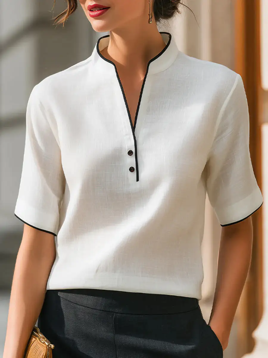 Stand Collar V-Neck Blouse