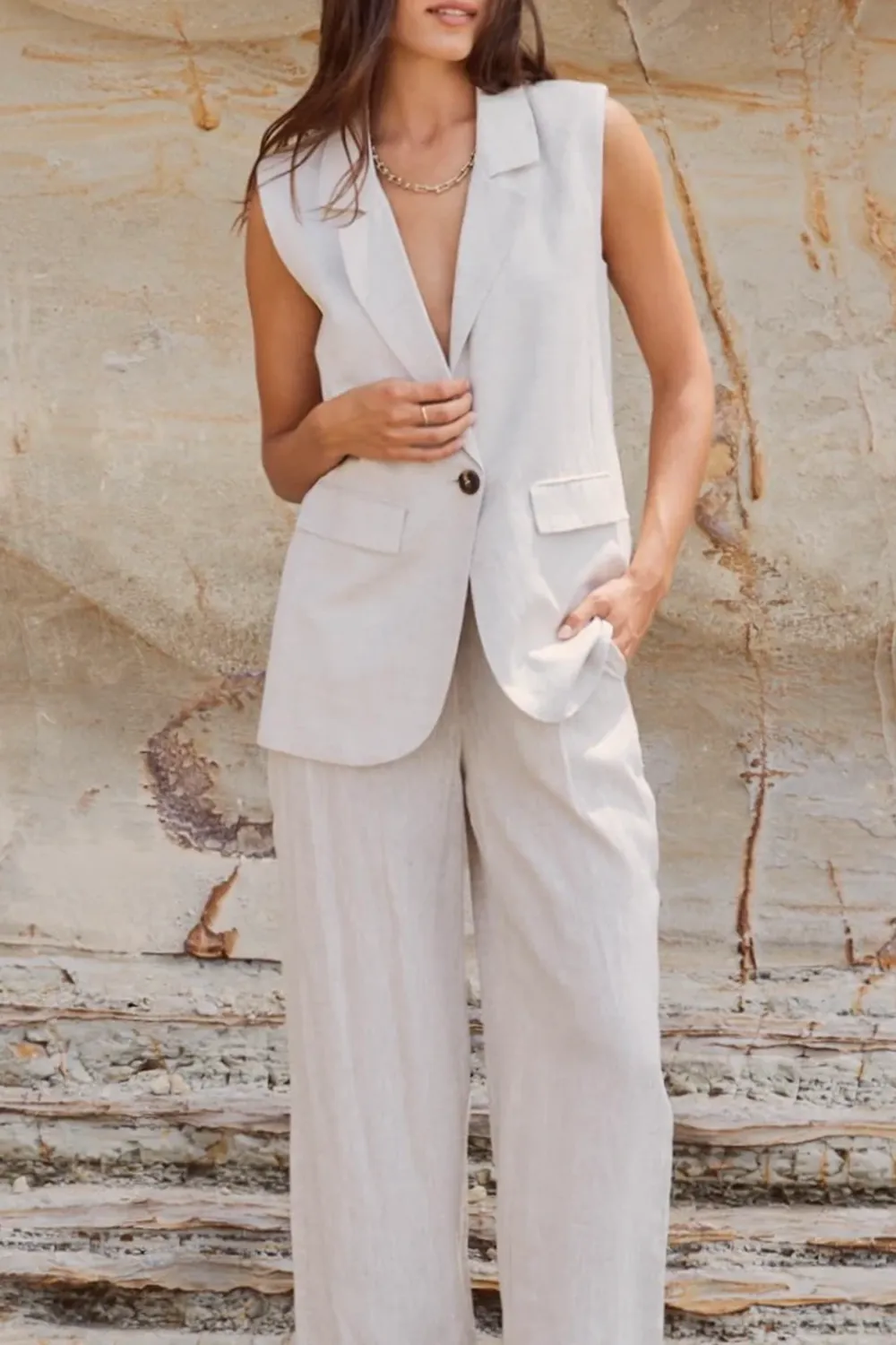 Beige Linen Sleeveless Vest