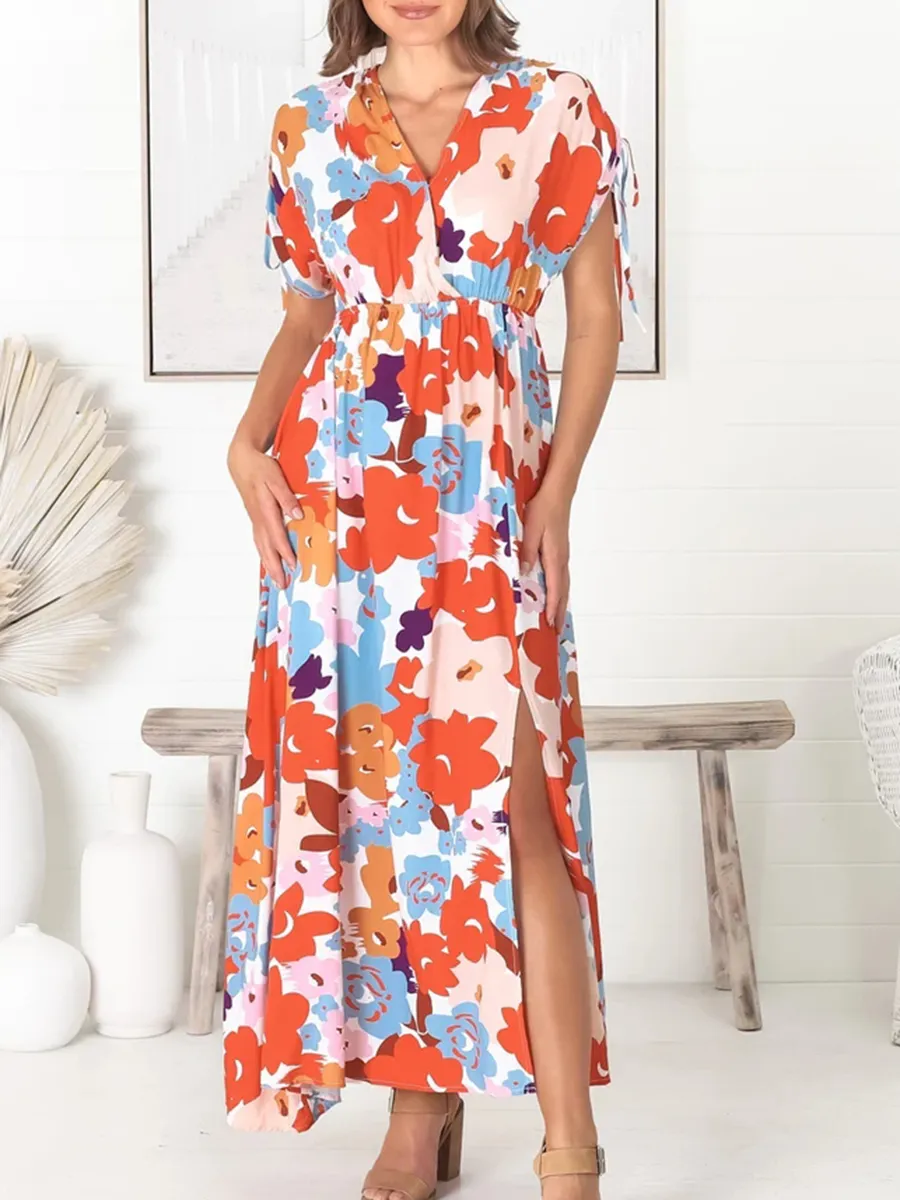 V-neck Cross Neckline Printed Dresses