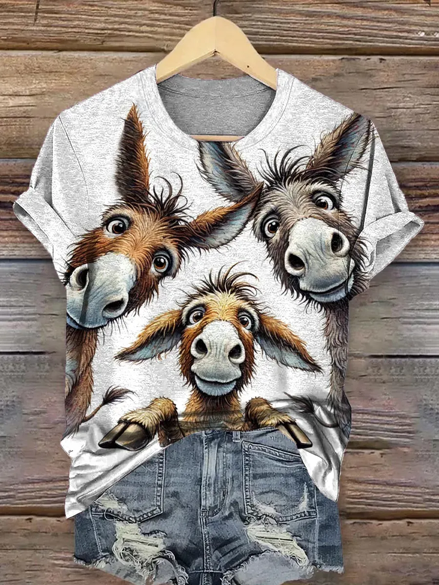 Women'S Retro Ethnic Western Horse Print Round Neck T-Shirt