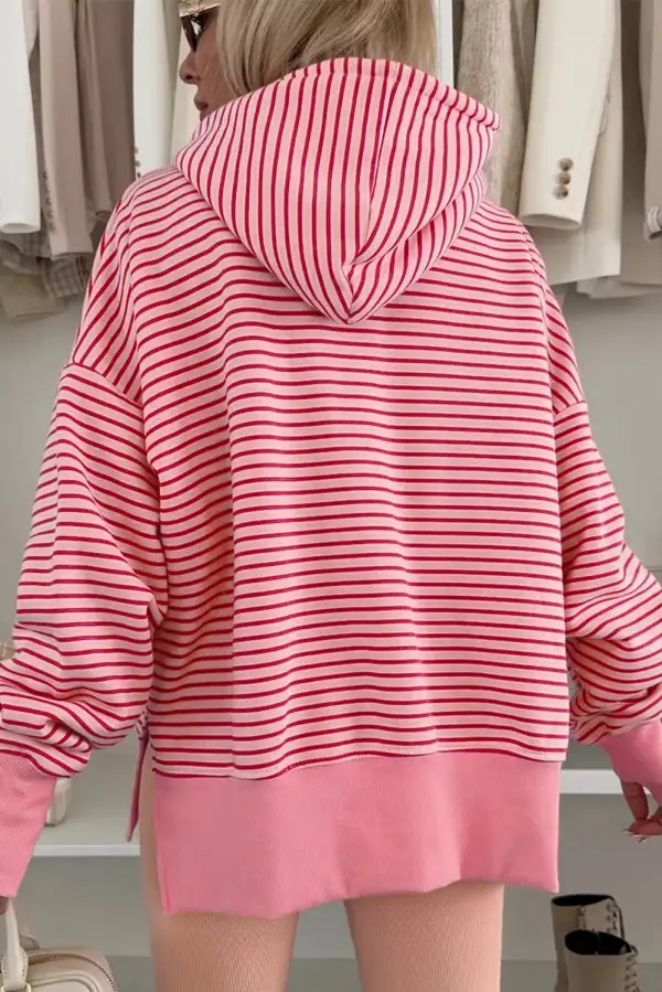 Relaxed Striped Drop Shoulder Side Slit Hoodie
