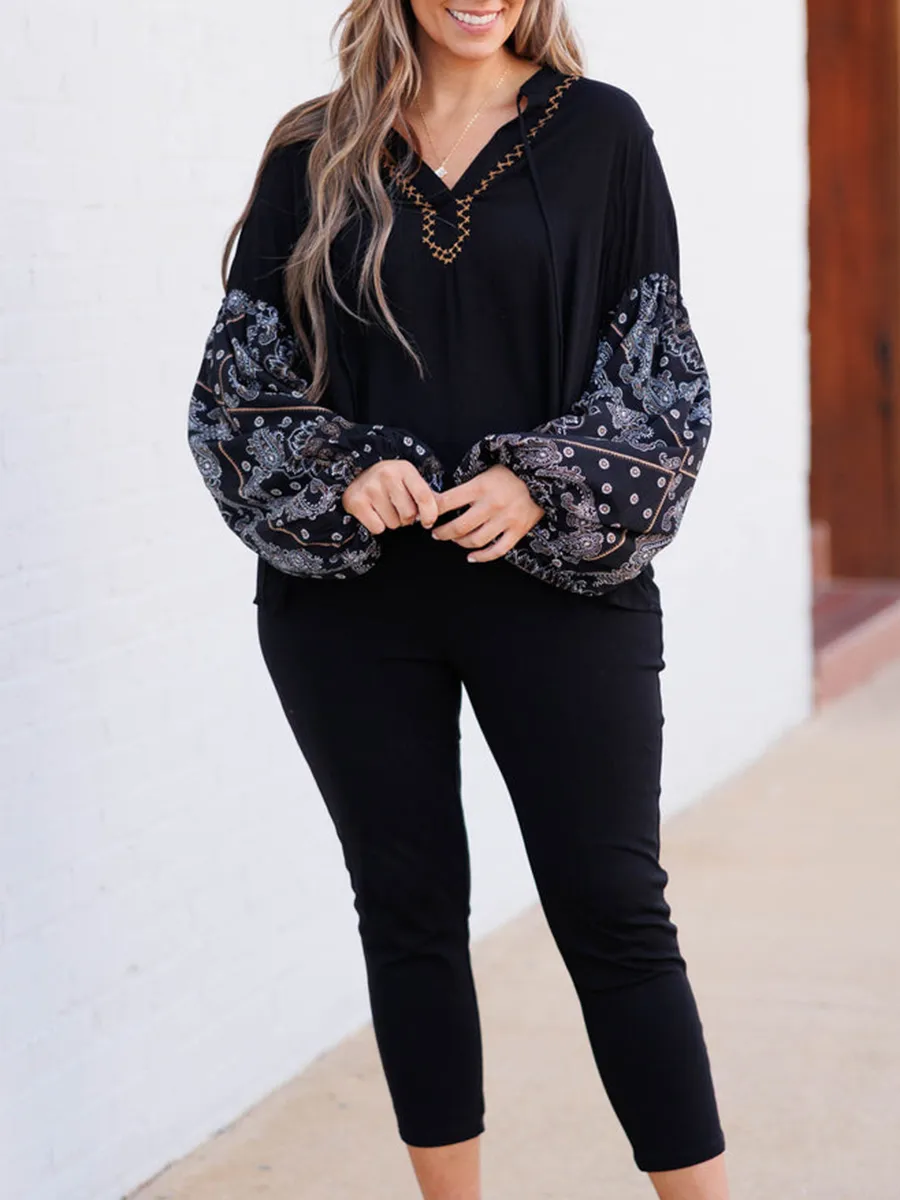 Embroidered Lace Up Lantern Sleeve Shirt With Patchwork Cashew Pattern