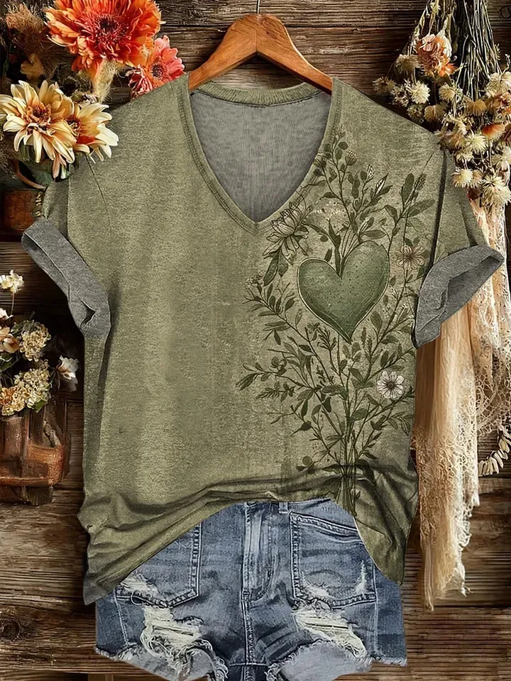 Women'S Retro Ethnic Western Printed V-Neck T-Shirt