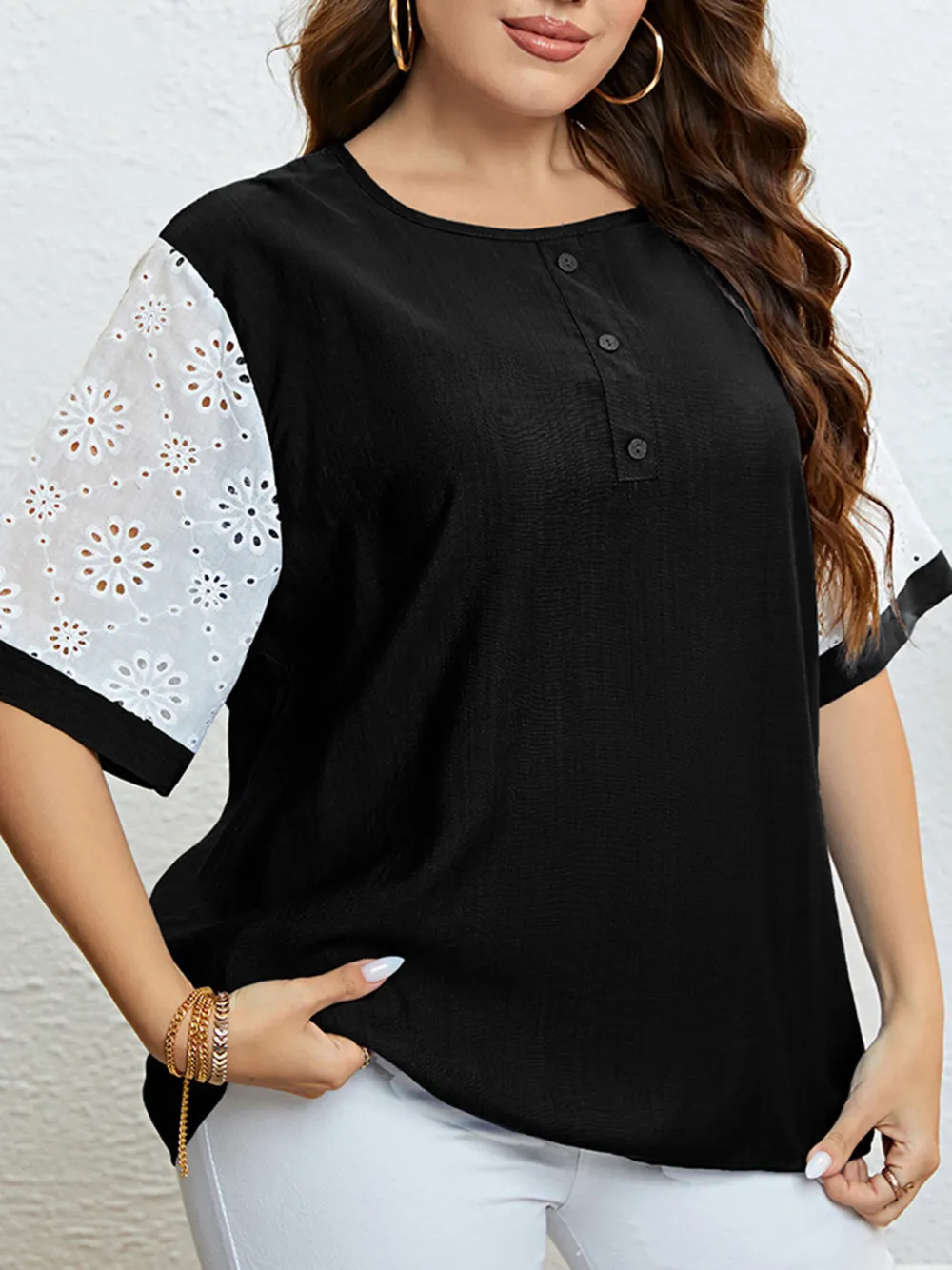 Women Casual Large Size Top With Patchwork Sleeves