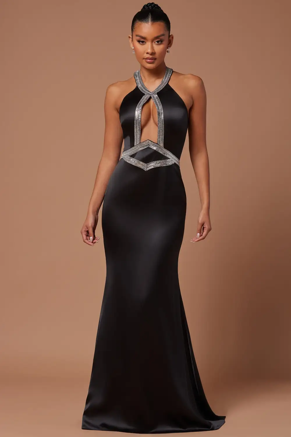Marnee Satin Embellished Gown - Black