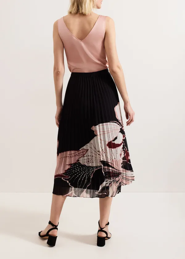 Floral Print Black Pleated Skirt