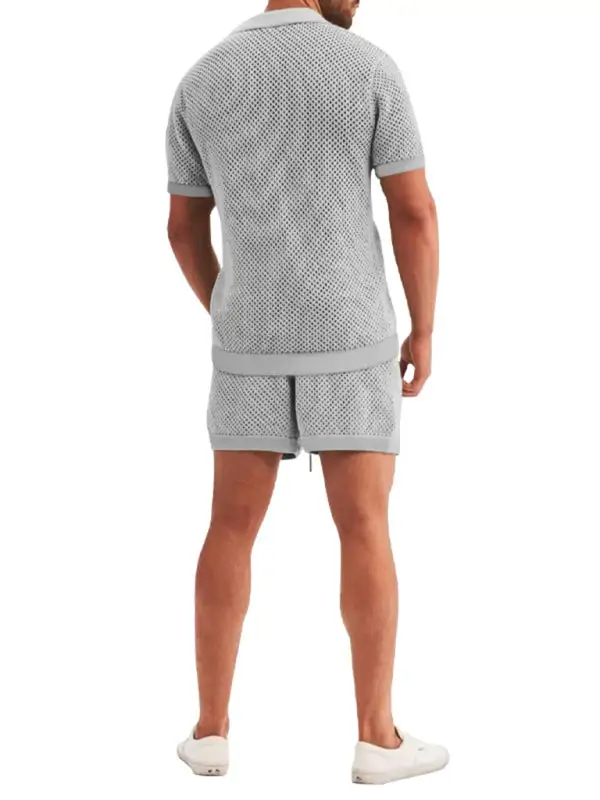 Knit Lapel Collar Short Sleeve Shorts