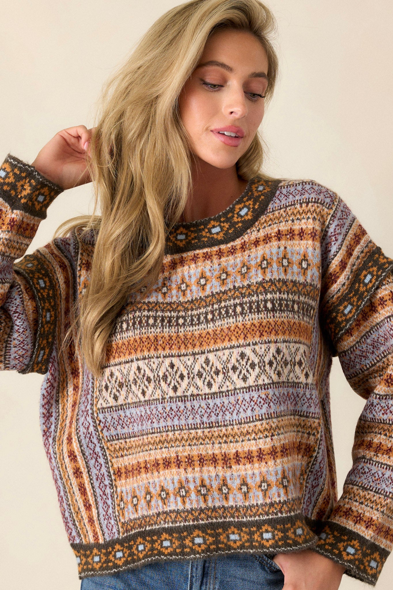 Wild Ride Light Brown Multi Fair Isle Print Sweater