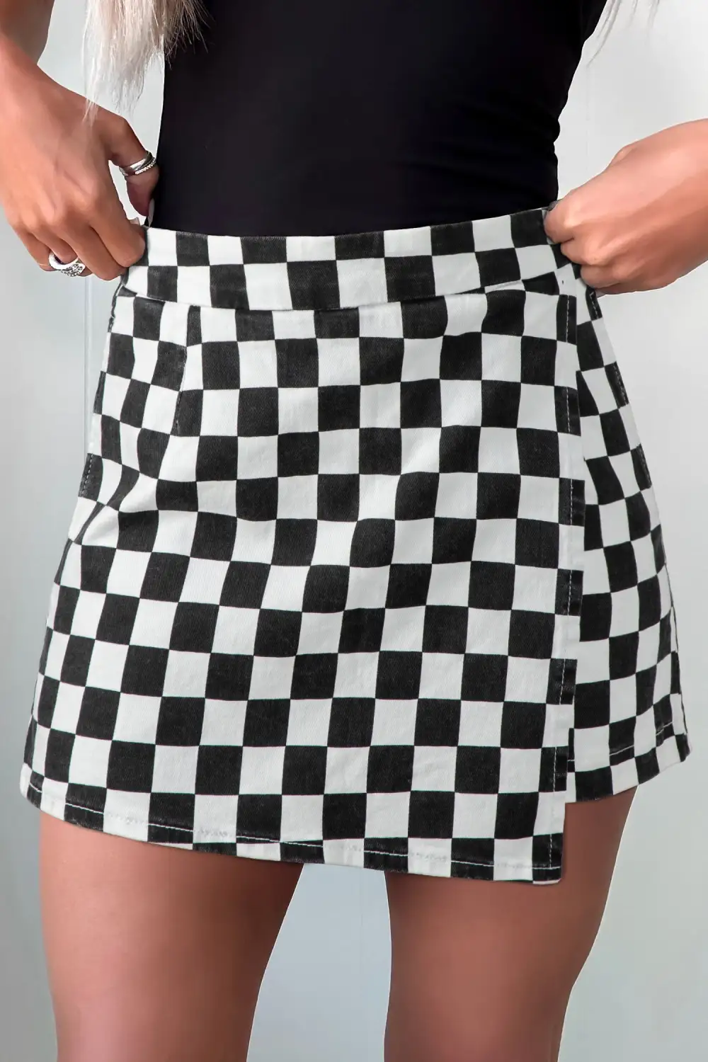 Checkered Print Overlap Denim Shorts