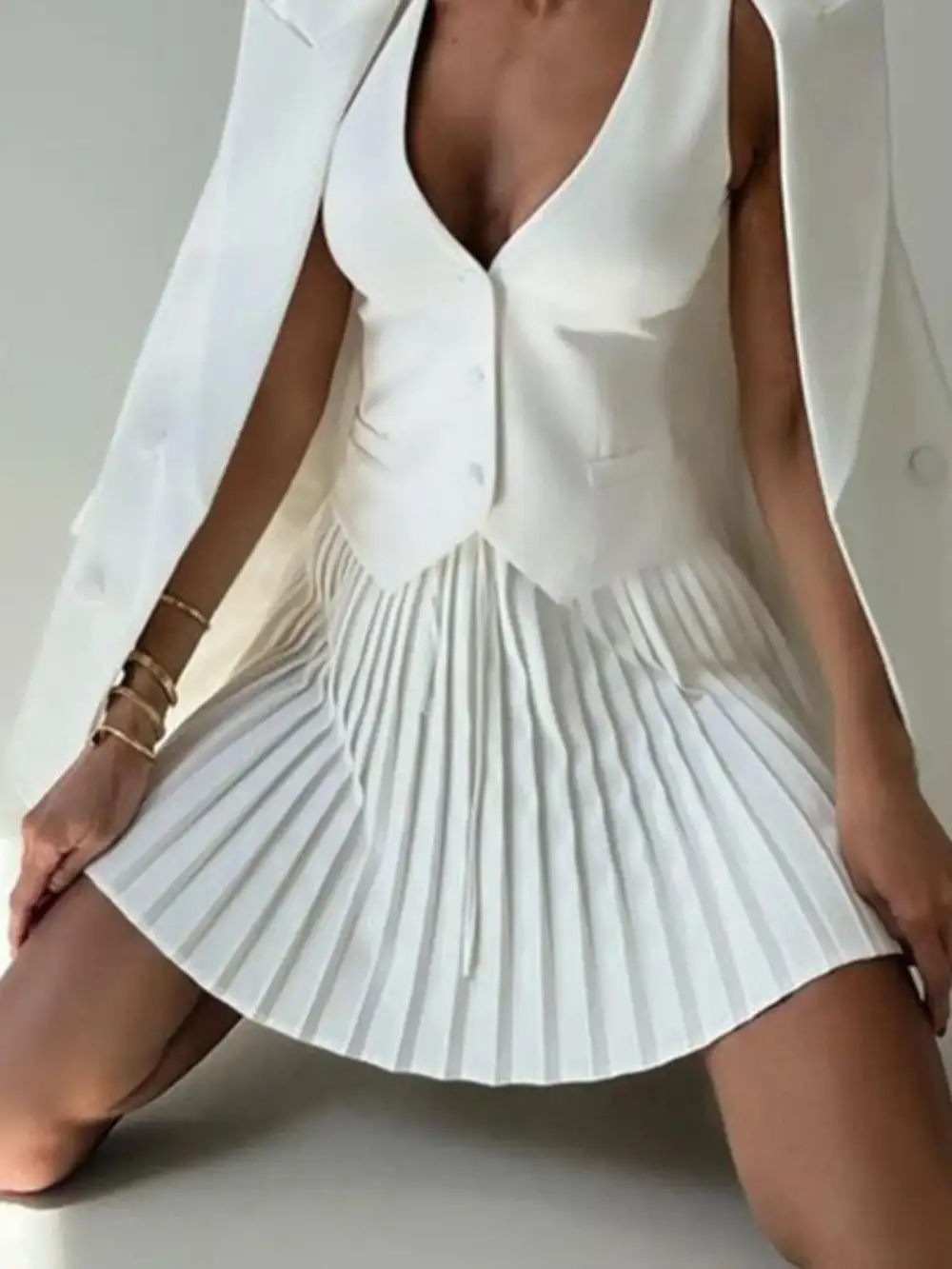 Modern Button Front Pleated Detail Coordinated Set