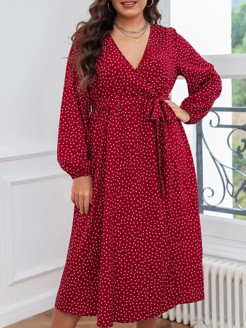 Literary Temperament Red Plus Size Dress Polka Dot Long Sleeves Women Clothing