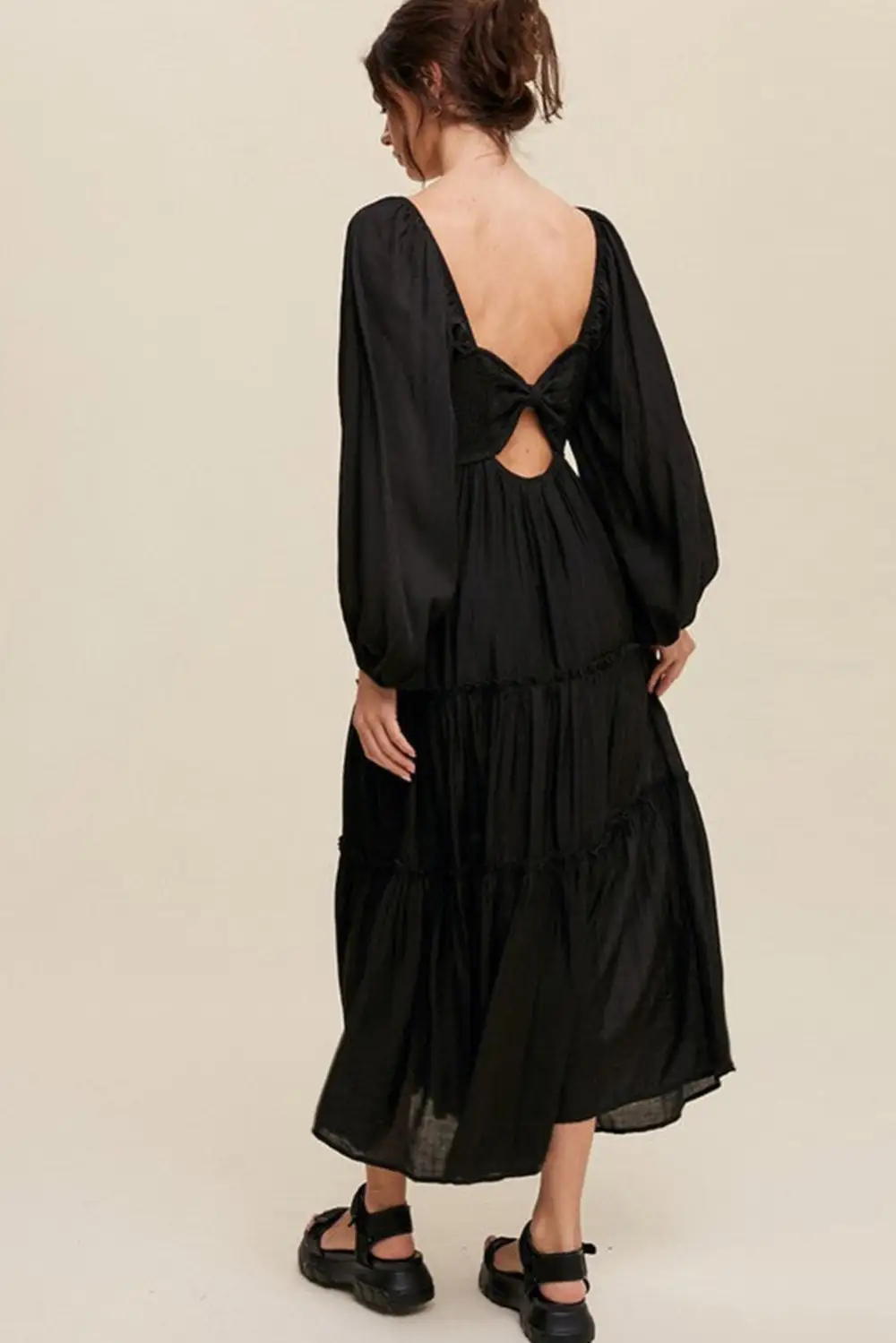 V-Neck Bowknot Cutout Frill Tiered Maxi Dress
