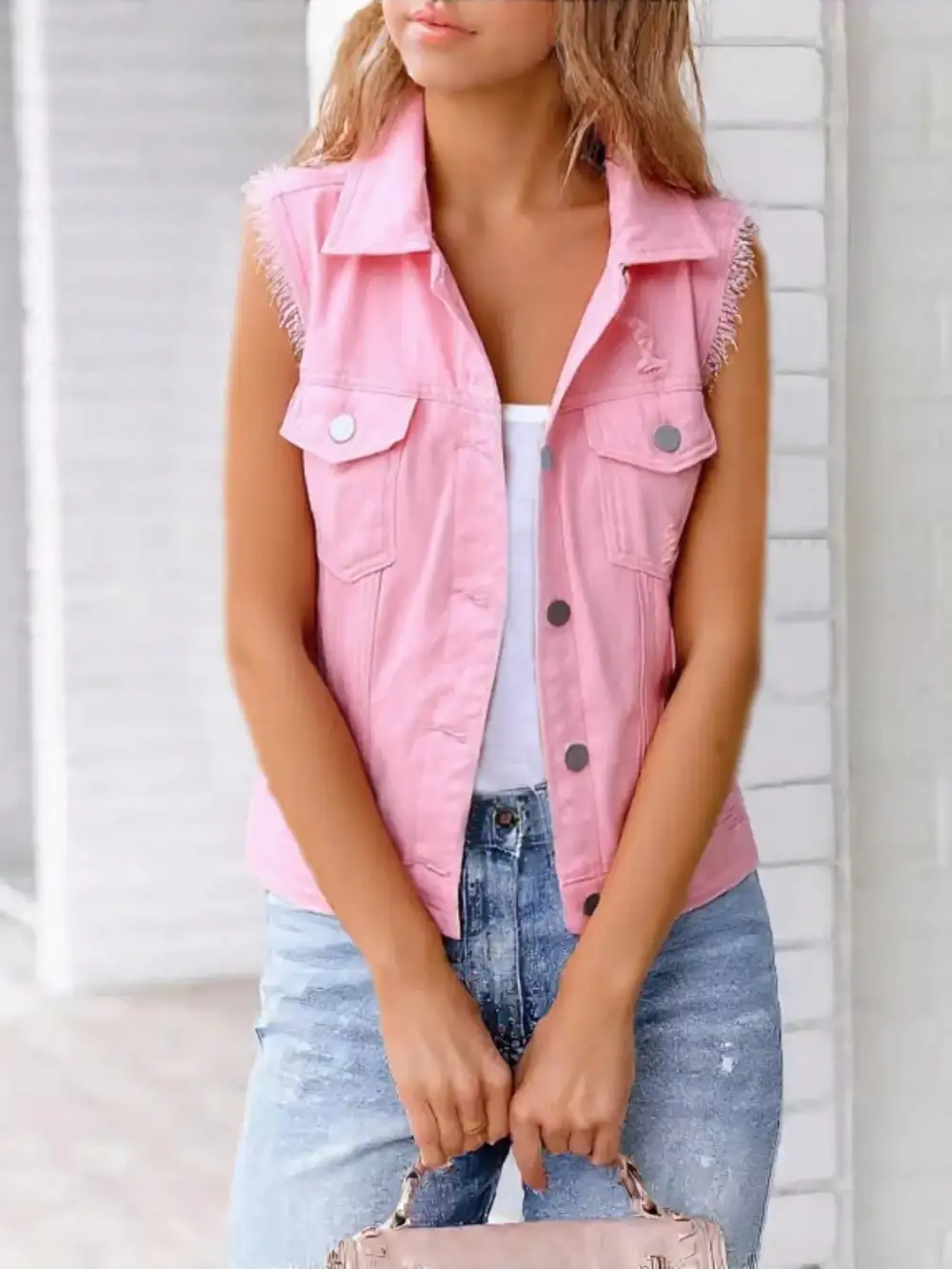 Full Size Sleeveless Frayed Denim