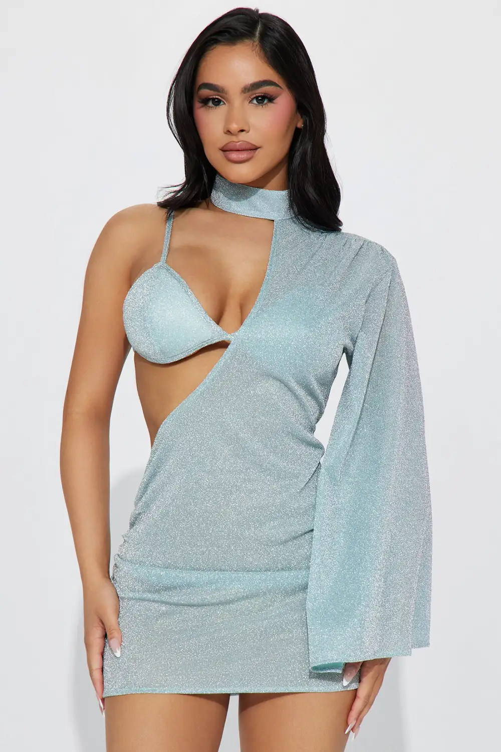 Cara Metallic Mini Dress - Light Blue