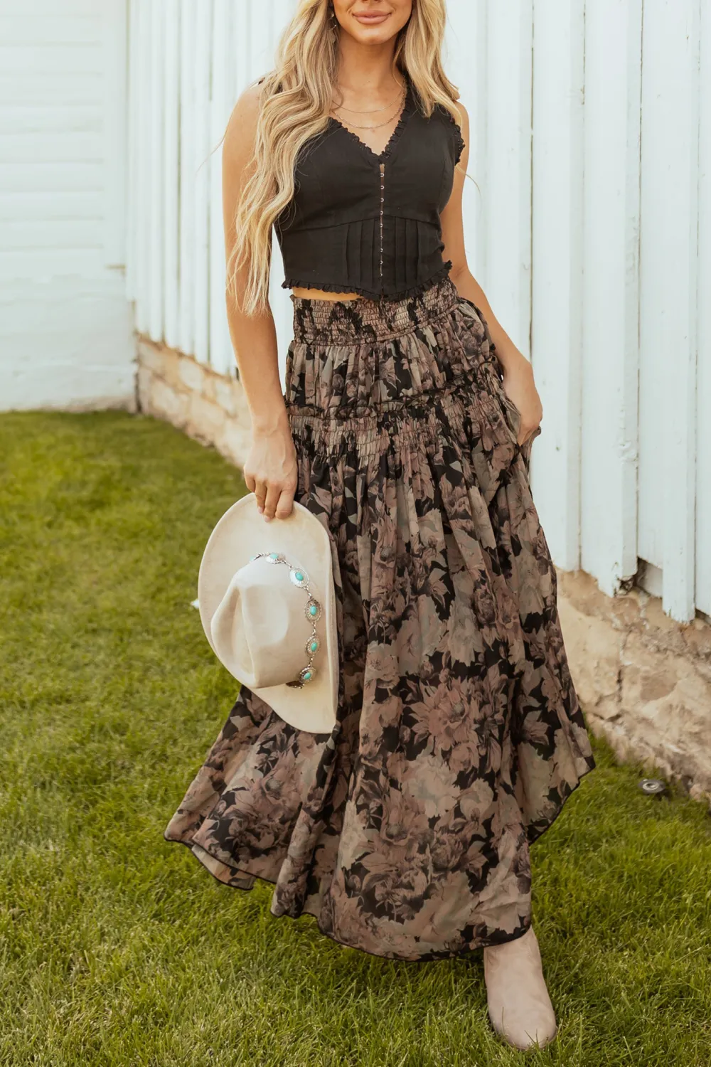 Black Floral Print Tiered Smocked Maxi Skirt