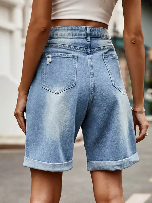 Hoog Getailleerde Losse Zakken Met Knopen Jeansbroeken Shorts