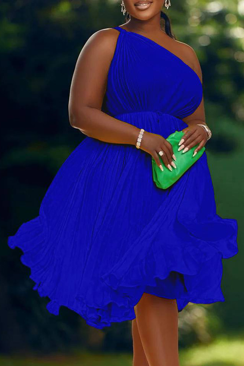 Plus Size Royal Blue Daily One Shoulder Pleated Babydoll Mini Dresses