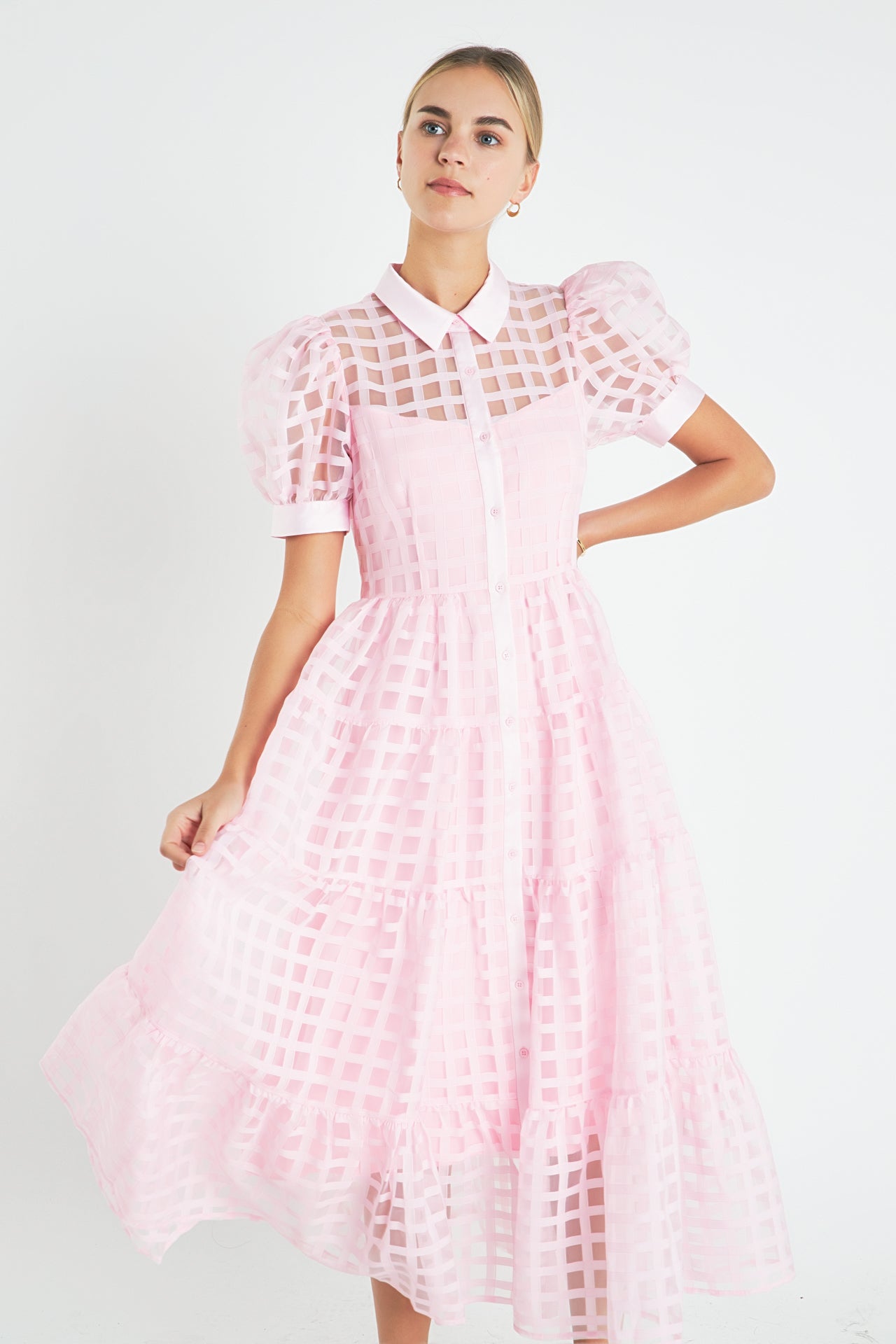 Gridded Organza Tiered Maxi Dress