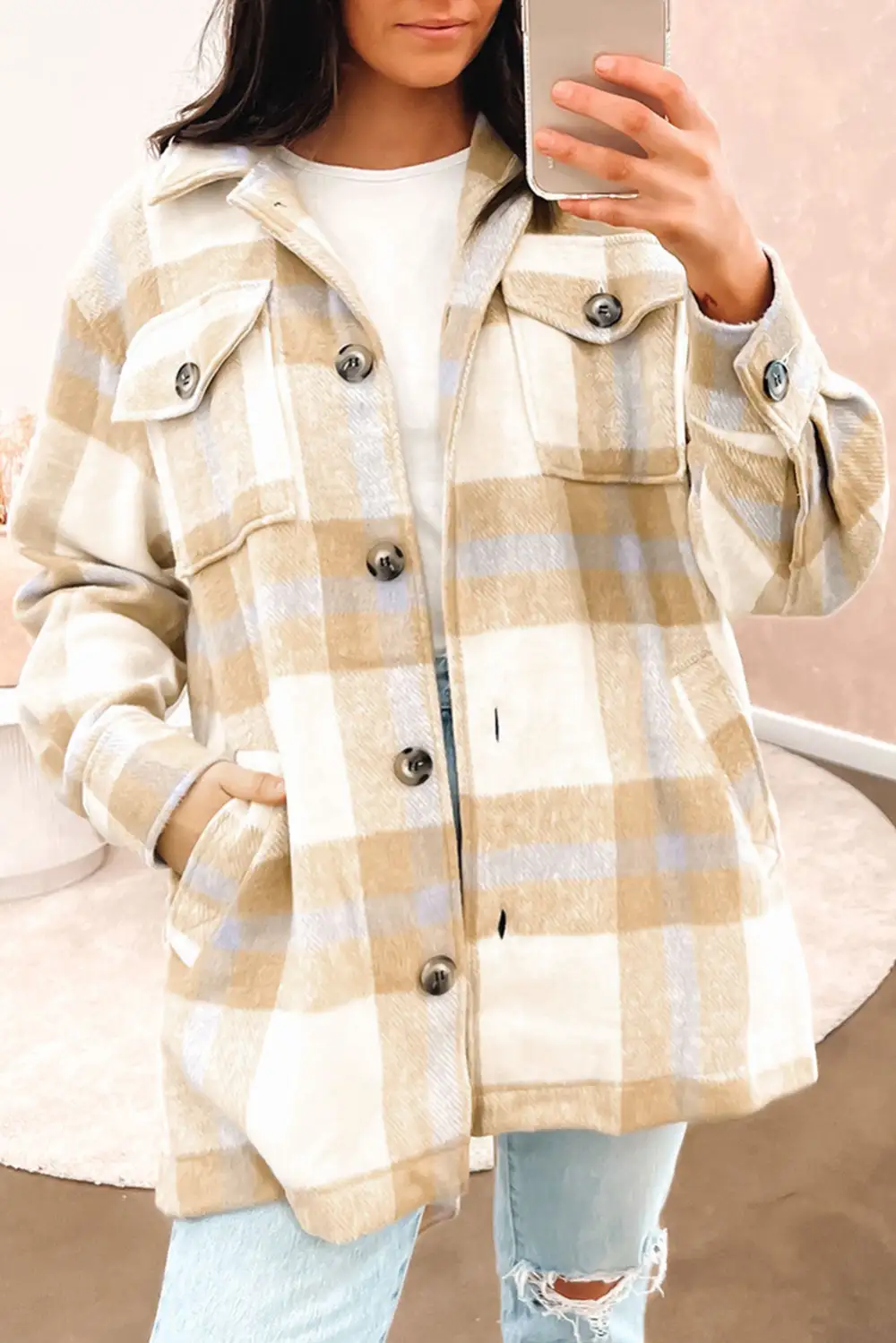 Plaid Button-Up Flap Pocket Shirt Jacket