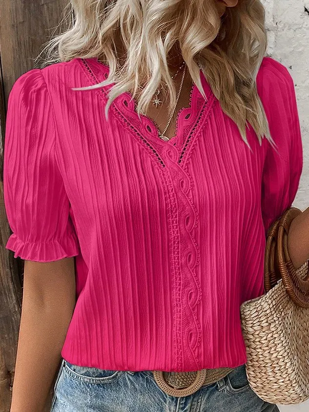 V Neck Plain Lace Elegant Shirt