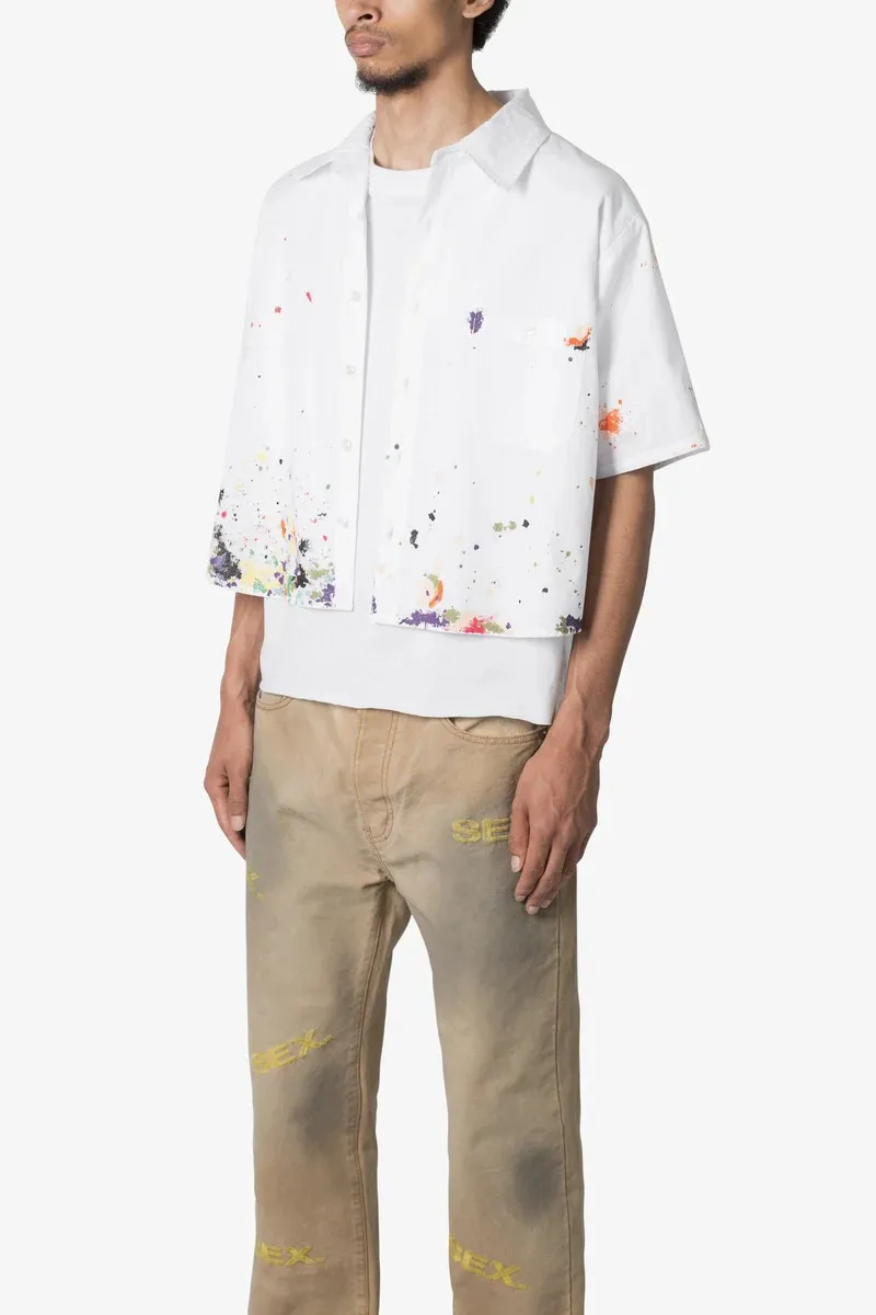 WHITE PAINT SPLATTER POPLIN SHORT SLEEVE SHIRT