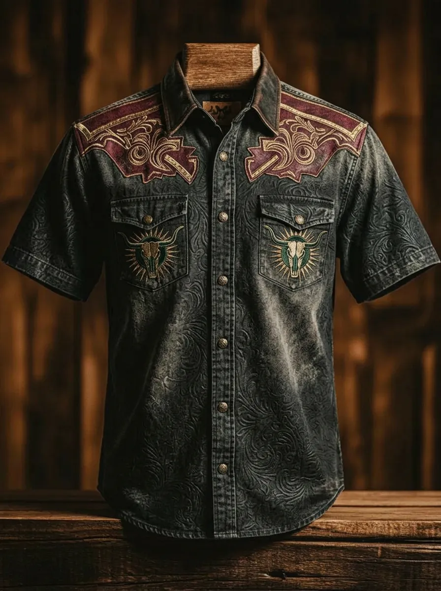 Men's Western Cowboy Bull Skull Floral Embossed Printed Shirt