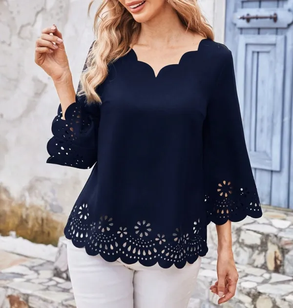 Women's Scallop Cut Out V-Neck Blouse
