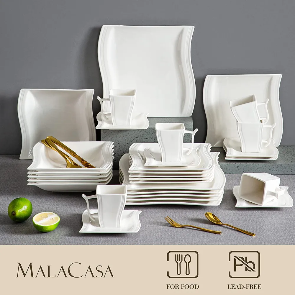 MALACASA Ivory White Dinnerware Sets, 60-Piece Square Dish Set for 12, Porcelain Dishes with Dinner Plates, Dessert Plates and Soup Plates, Cups and Saucers, Modern Dinnerware Oven Safe, Series Flora