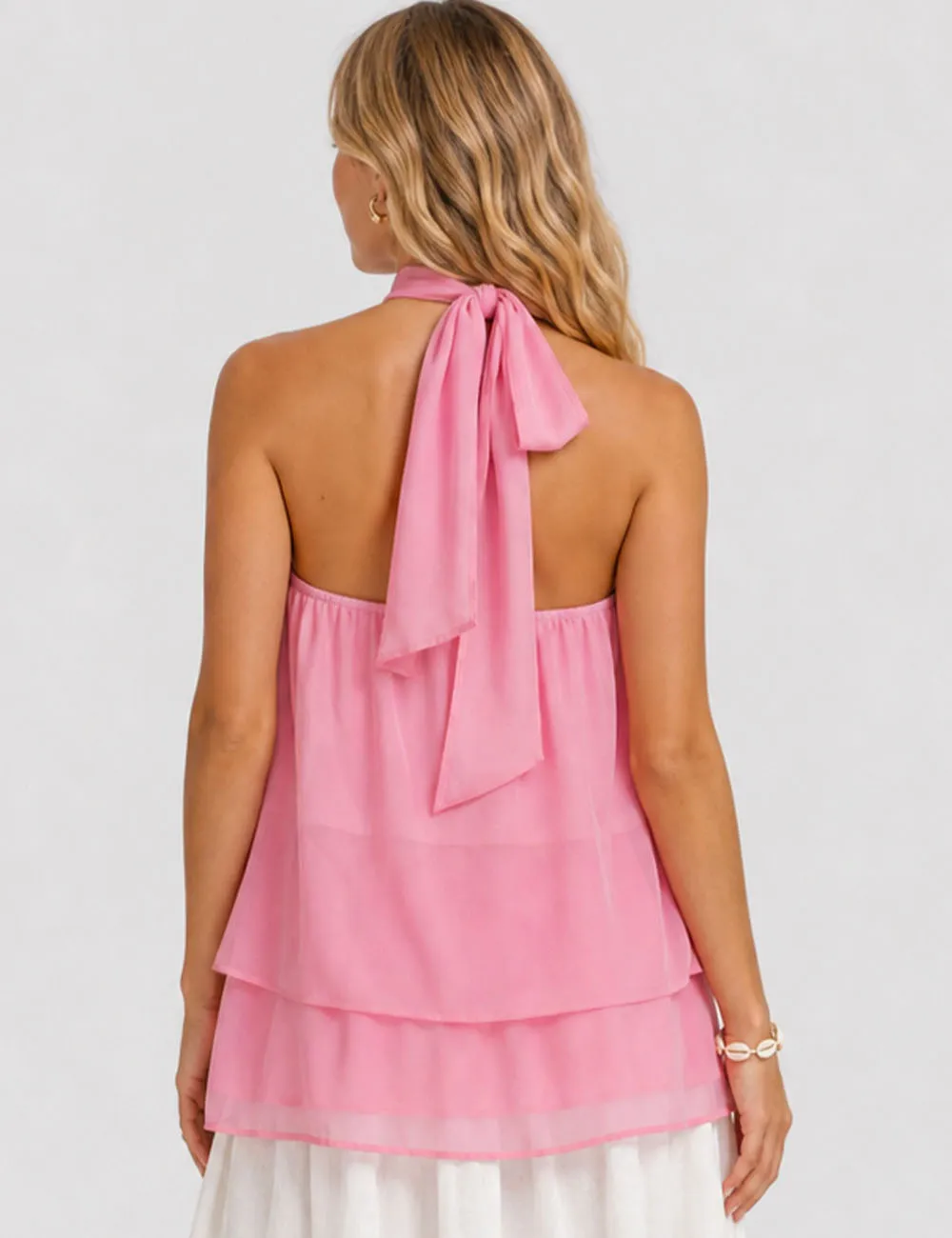 Chiffon Stand Neck Solid Color Ruffle Hem Sleeveless Top