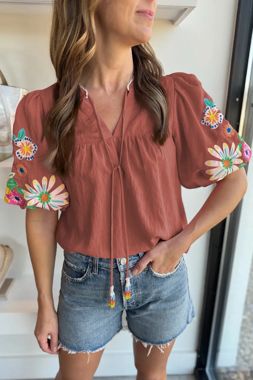 Softly Styled Floral Embroidered Puff Sleeve Blouse