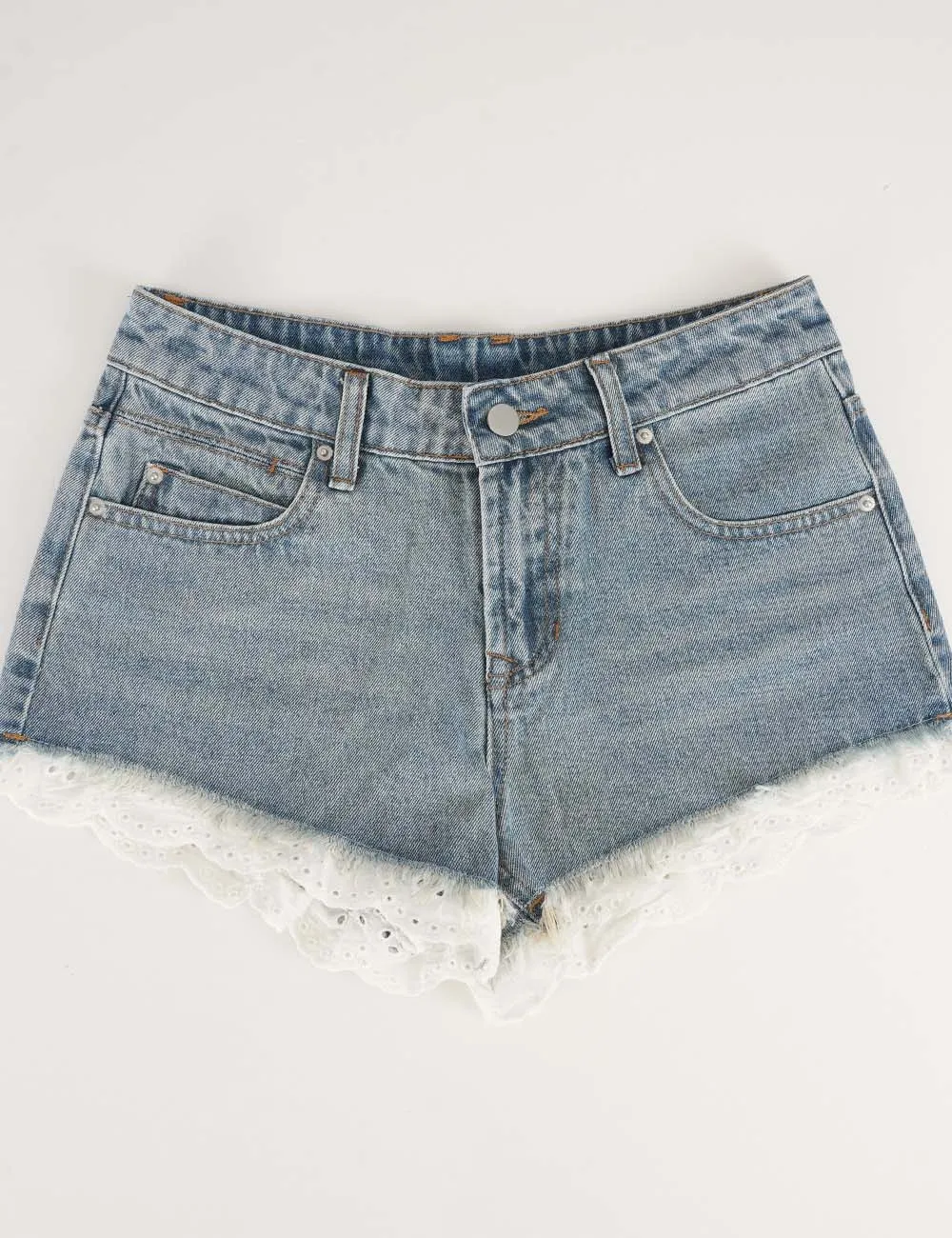 Lace Trim Frayed Hem Wide Leg Denim Shorts