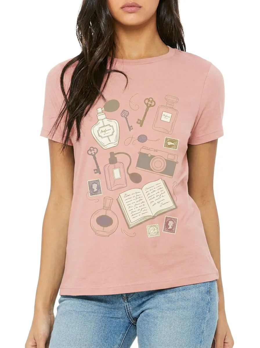 Women's Vintage Aesthetic Perfume Camera Key Printed T-shirt