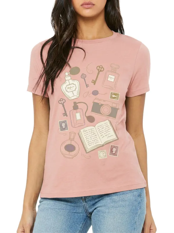 Women's Vintage Aesthetic Perfume Camera Key Printed T-shirt