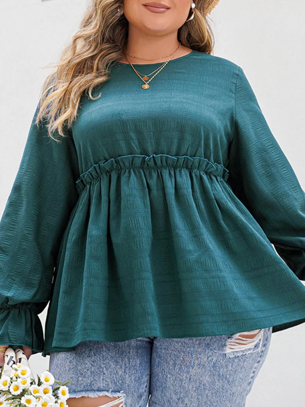 Women Waist Hugging Puff Sleeves V Neck Long Sleeved Shirt Top