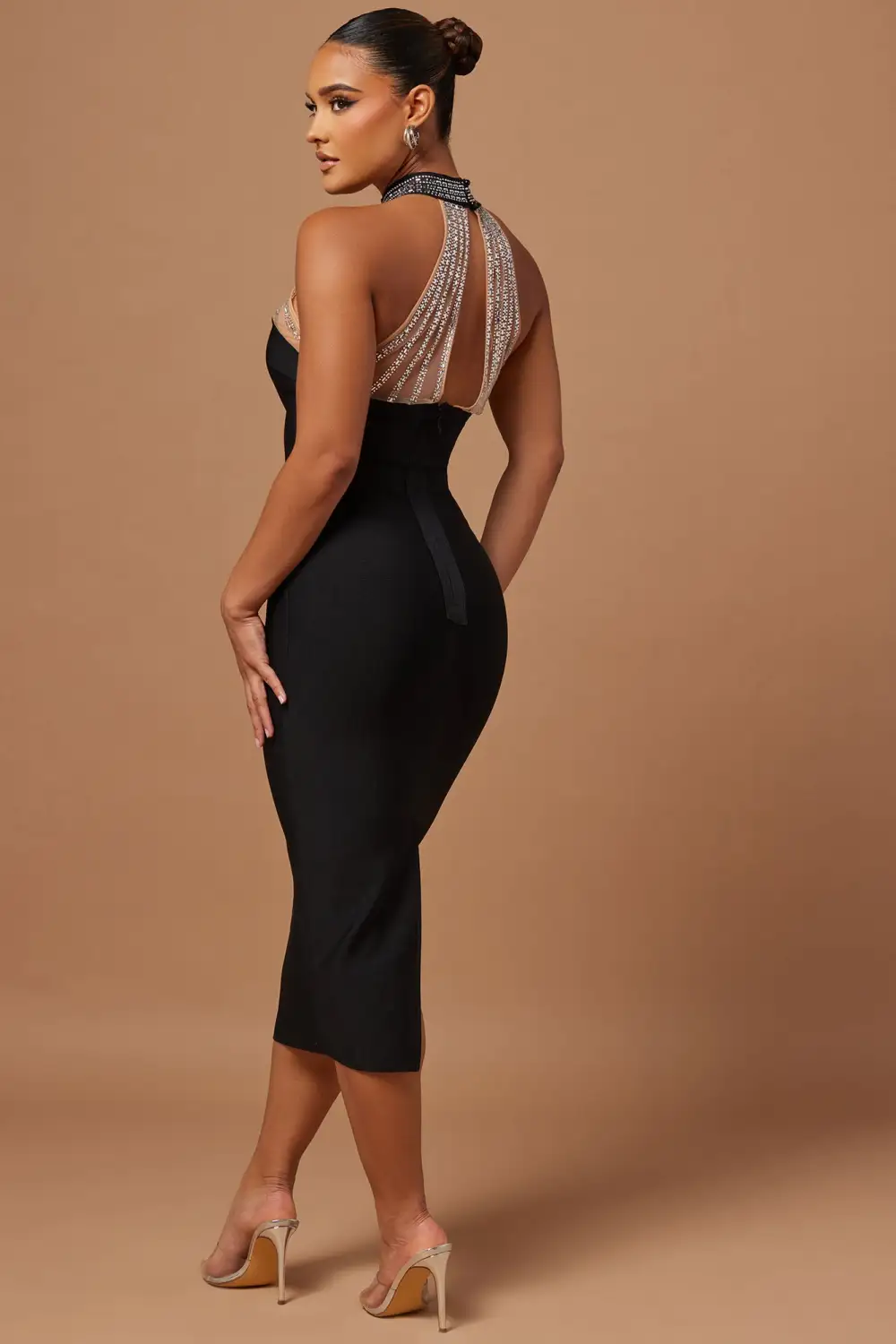Lina Embellished Bandage Midi Dress - Black