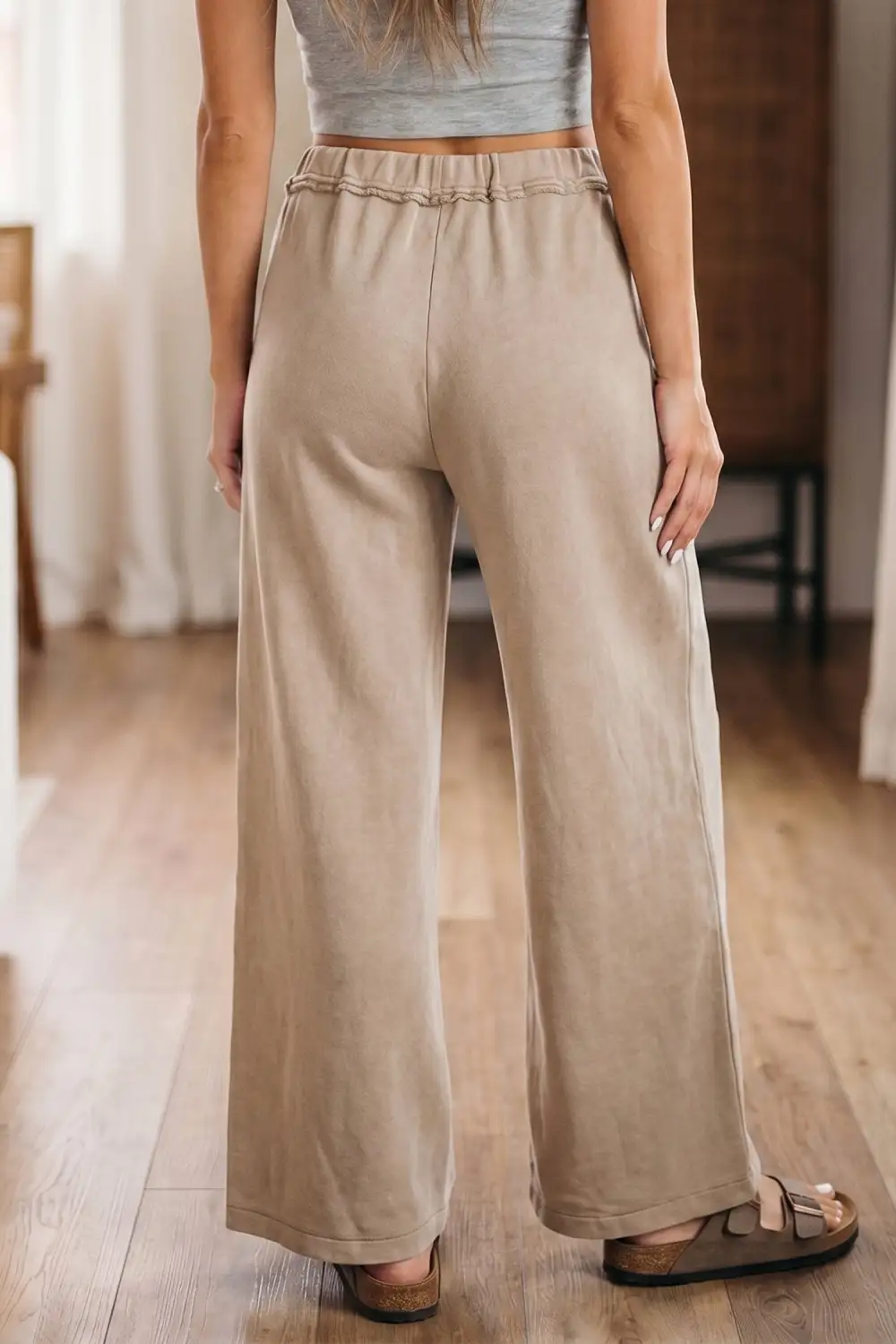 Wash Drawstring Retro High Rise Wide Leg Western Pants